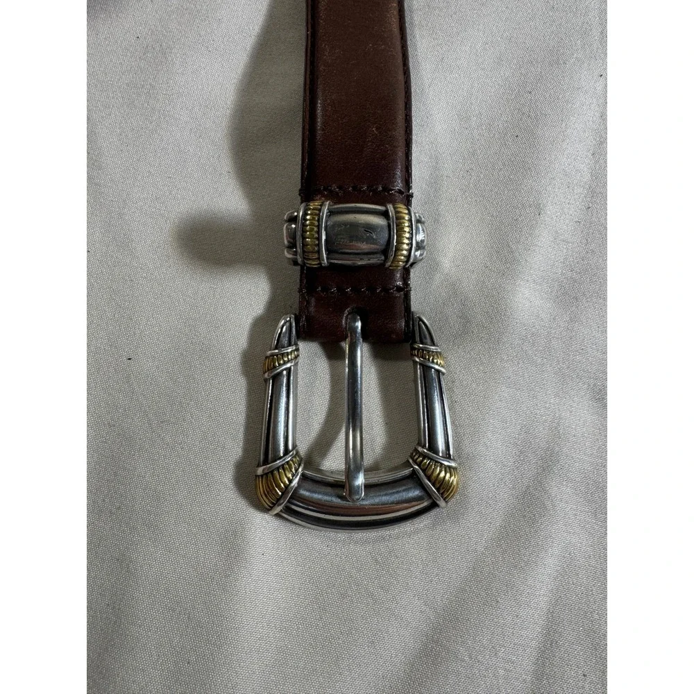 Vintage Brown Leather Belt Mixed Metal Silver Gold Tone Buckle Western Mens Mens